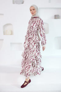 Mirami Desenli Jakar Elbise Bordo