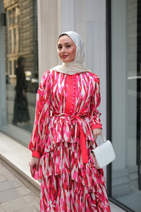 Mirami Desenli Jakar Elbise Kırmızı