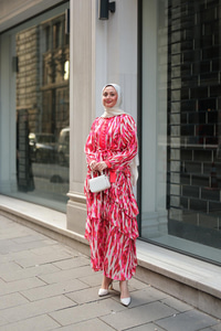 Mirami Desenli Jakar Elbise Kırmızı