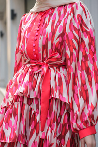 Mirami Desenli Jakar Elbise Kırmızı