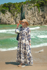 Mozaik Desen Elbise Lacivert