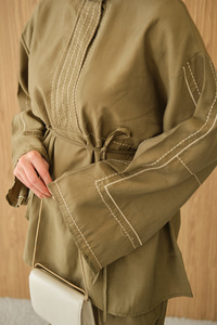 Nakış Detay Bel Bağlamalı Takım Haki Yeşil