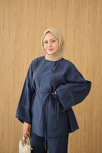 Nakış Detay Bel Bağlamalı Takım Lacivert