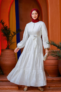 Nakış Detaylı Jakar Elbise  Beyaz