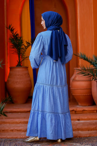 Nakış Detaylı Jakar Elbise Mavi