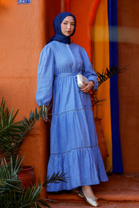 Nakış Detaylı Jakar Elbise Mavi