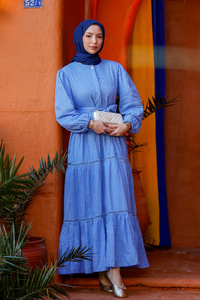 Nakış Detaylı Jakar Elbise Mavi