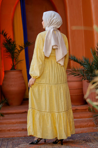 Nakış Detaylı Jakar Elbise Sarı