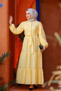 Nakış Detaylı Jakar Elbise Sarı