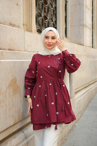 Nakış İşlemeli Yandan Bağlamalı Tunik Bordo