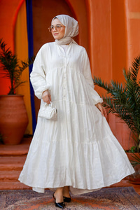 Nakış ve Nope Detaylı Astarlı Elbise Beyaz