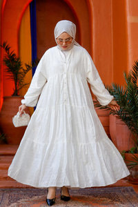 Nakış ve Nope Detaylı Astarlı Elbise Beyaz