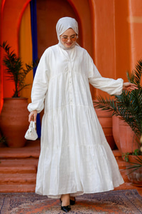 Nakış ve Nope Detaylı Astarlı Elbise Beyaz