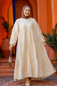 Nakış ve Nope Detaylı Astarlı Elbise Krem