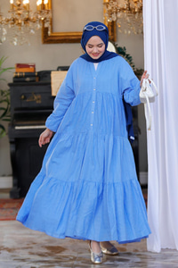 Nakış ve Nope Detaylı Astarlı Elbise Mavi