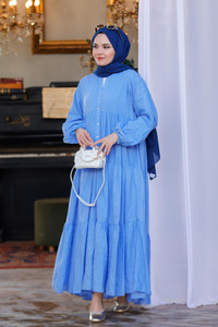 Nakış ve Nope Detaylı Astarlı Elbise Mavi