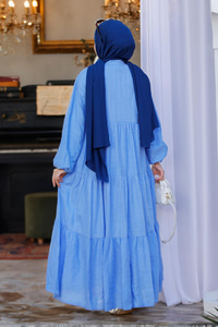 Nakış ve Nope Detaylı Astarlı Elbise Mavi