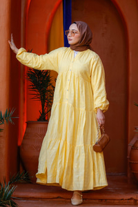 Nakış ve Nope Detaylı Astarlı Elbise Sarı