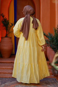 Nakış ve Nope Detaylı Astarlı Elbise Sarı