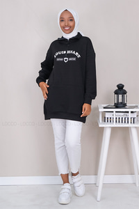 Uygun Fiyatlı NAKISLI YARIM FERMUARLI KAPITONELI TUNIK  SIYAH | Loccomoda.com 