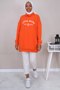 Uygun Fiyatlı NAKISLI YARIM FERMUARLI KAPITONELI TUNIK  TURUNCU | Loccomoda.com 