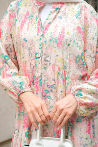 Nergis Desenli Elbise Pembe