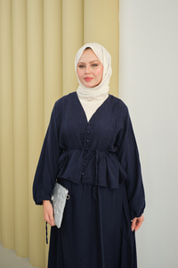 Nervür Detaylı Kendinden Desenli Etekli Takım Lacivert