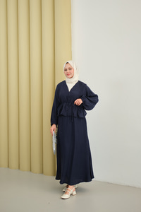 Nervür Detaylı Kendinden Desenli Etekli Takım Lacivert