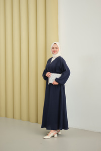 Nervür Detaylı Kendinden Desenli Etekli Takım Lacivert