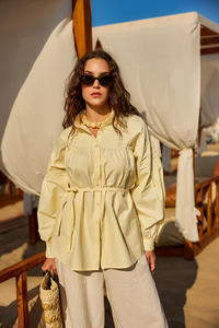 Nervur Detaylı Poplin Gömlek Sarı