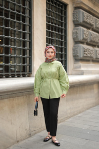 Nervur Detaylı Poplin Gömlek Yeşil