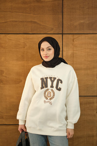 NYC Baskılı Sweat Beyaz