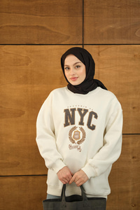NYC Baskılı Sweat Beyaz