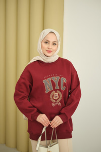 NYC Baskılı Sweat Bordo