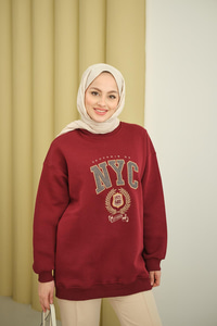 NYC Baskılı Sweat Bordo