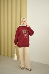 NYC Baskılı Sweat Bordo