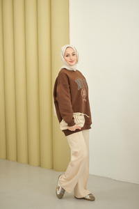 NYC Baskılı Sweat Kahverengi