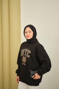 NYC Baskılı Sweat Siyah
