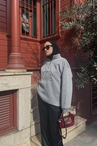 NYC Baskılı Yarım Fermuarlı Sweat Gri