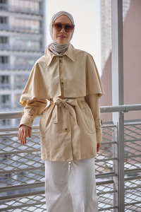 Omuz Apolet Detaylı Kısa Trenç  Vizon