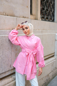 Omuz Bağlamalı Poplin Gömlek Pembe