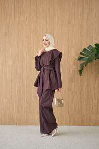 Omuz Büzgü Detaylı Fermuarlı Bel Bağlamalı Takım Bordo