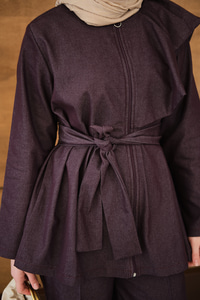 Omuz Büzgü Detaylı Fermuarlı Bel Bağlamalı Takım Mor