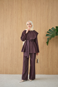 Omuz Büzgü Detaylı Fermuarlı Bel Bağlamalı Takım Bordo