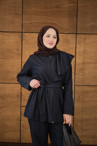 Omuz Büzgü Detaylı Fermuarlı Bel Bağlamalı Takım Lacivert