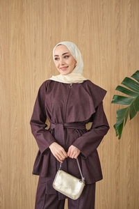 Omuz Büzgü Detaylı Fermuarlı Bel Bağlamalı Takım Bordo