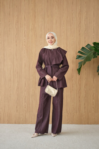 Omuz Büzgü Detaylı Fermuarlı Bel Bağlamalı Takım Bordo