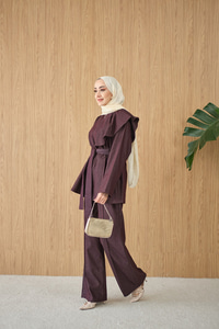 Omuz Büzgü Detaylı Fermuarlı Bel Bağlamalı Takım Bordo