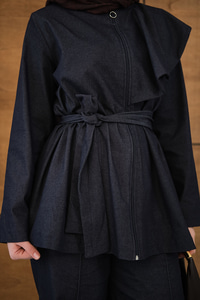 Omuz Büzgü Detaylı Fermuarlı Bel Bağlamalı Takım Lacivert