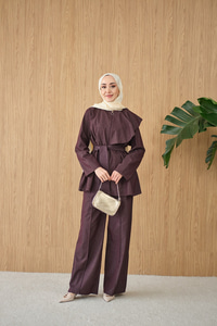 Omuz Büzgü Detaylı Fermuarlı Bel Bağlamalı Takım Bordo